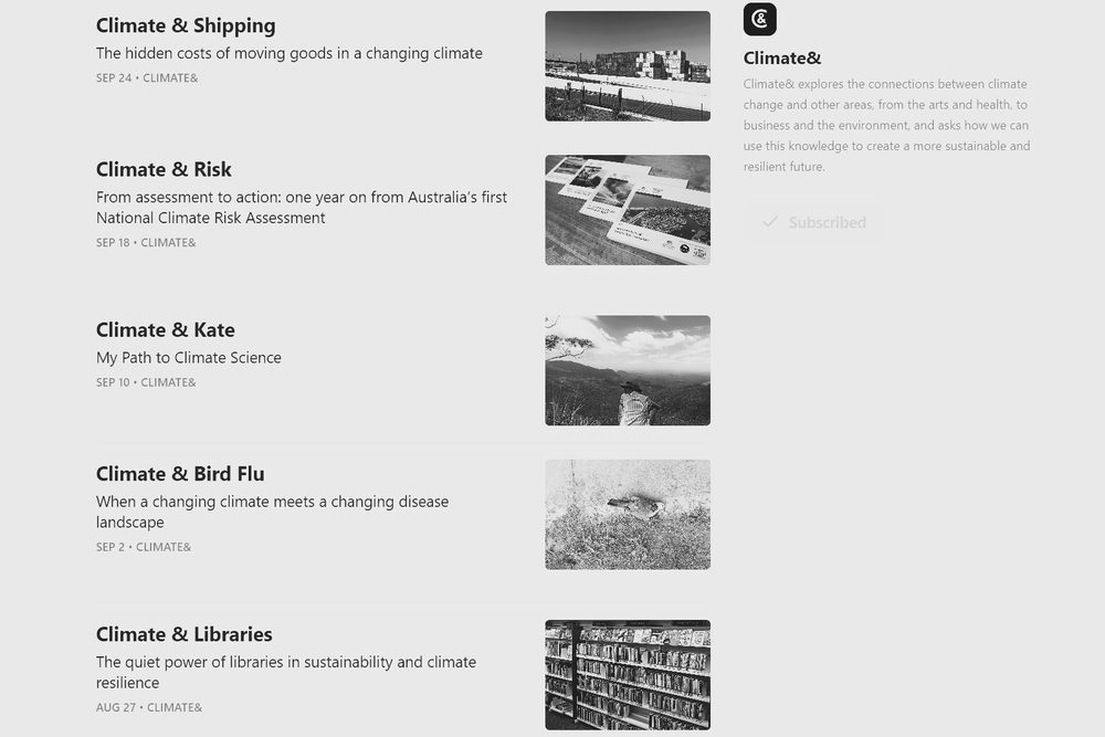 Climate& articles on Substack, including Climate & Risk and Climate & Libraries