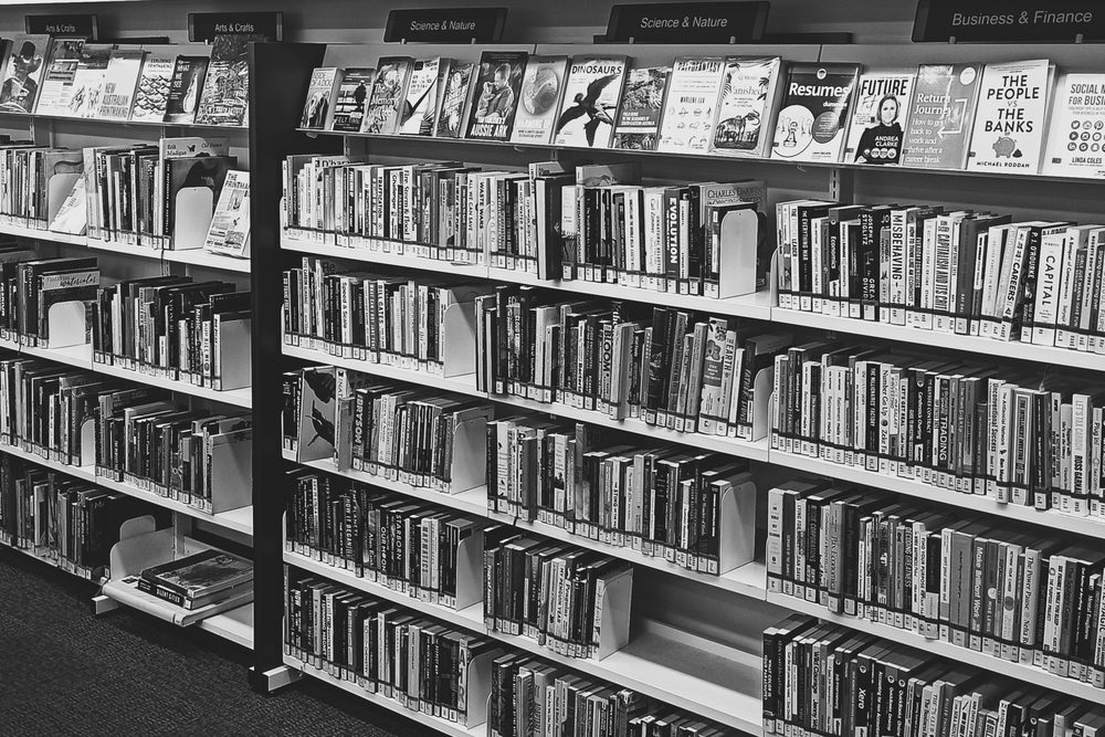 Library shelves of science and nature books